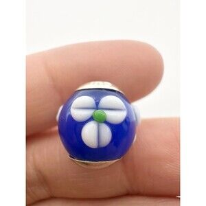HALIA 925 Sterling Silver Bead Charm Blue White Flower Glass Murano
